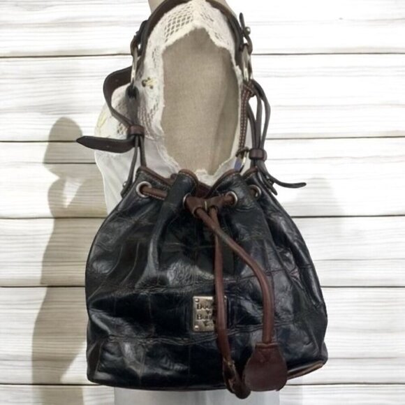 Dooney & Bourke Croc Embossed Leather Drawstring Shoulder Bag-Brown 10”W x 10”H - Picture 1 of 16